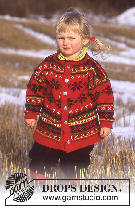 DROPS 52-30 - Dziecięcy rozpinany sweter na drutach, z żakardem w róże, z włóczki DROPS Karisma Superwash.