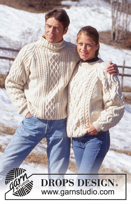 Comforting Cables / DROPS 52-8 - Irlandzki sweter na drutach, w wersji damskiej lub męskiej, z włóczki DROPS Alaska, z reglanowymi rękawami.