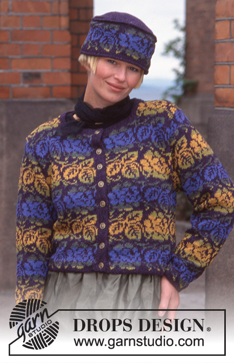 Ancient Roses / DROPS 63-8 - Rozpinany sweter i czapka na drutach z włóczki DROPS Silke Tweed