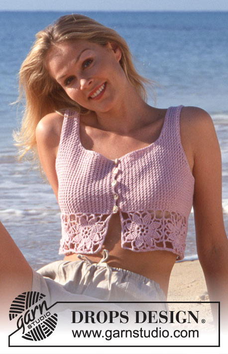 Beachside Garden / DROPS 64-8 - Knitted DROPS short top with crochet flower squares in Safran