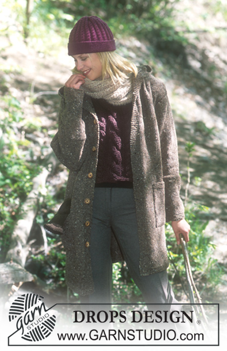 DROPS 71-2 - Long DROPS jacket with cables, hood and pockets in Ull-Tweed. DROPS sleeveless top / slipover in “Igloo”. DROPS hat with cables in Karisma Superwash. DROPS scarf in English rib in Highlander. 
Size: S/M - M/L - XL