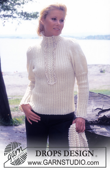 DROPS 76-16 - Knitted DROPS Jumper with rib and puffed sleeves in Camelia and with crochet ruffled edges in Cotton Viscose. DROPS Scarf in Ull-Flamé and Cotton Viscose