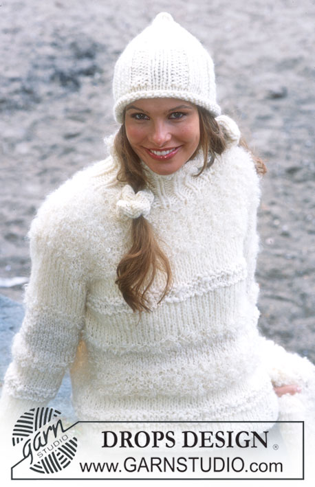 Winter Pearl / DROPS 79-5 - Pulôver DROPS tricotado com 4 fios – Gorro e fita de cabelo em Snow