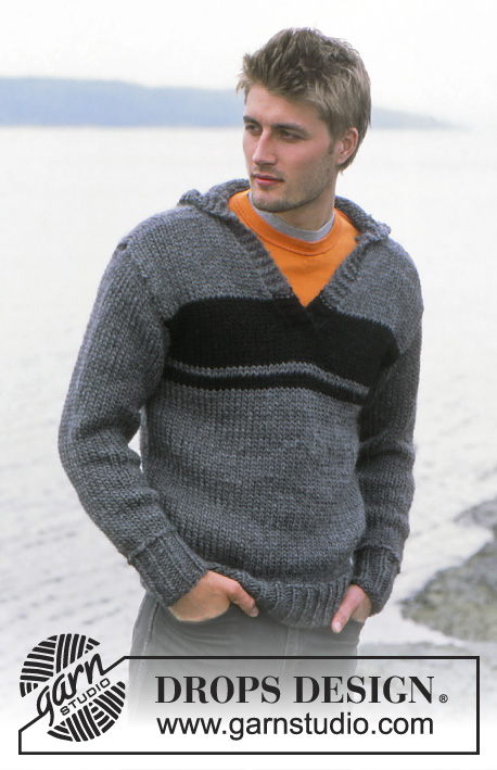 Theodor / DROPS 85-1 - Strikket sweater til herre, med hætte, V-hals og striber i DROPS Snow