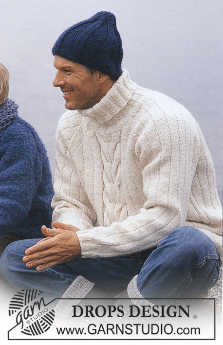 To the Sea / DROPS 85-23 - Strikket sweater til herre, med snoninger og høj hals i DROPS Alaska og hue i DROPS Snow