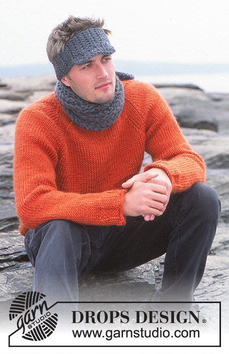 Nils / DROPS 85-3 - Set bestaande uit gebreide trui met raglan, sjaal met Engelse patensteek en cap voor heren in DROPS Snow.