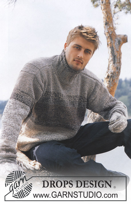 DROPS 85-4 - Set of knitted pullover for men, with high neck and stripes in DROPS Alpaca and DROPS Safran, plus mittens in DROPS Karisma