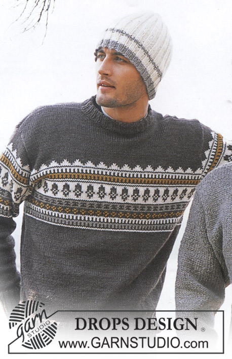 Outdoors / DROPS 85-5 - Pull homme tricoté avec jacquard nordique en DROPS Karisma, et bonnet tricoté en côtes, en DROPS Alaska