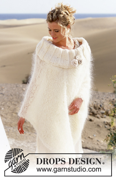 Beach Wedding / DROPS 89-25 - DROPS Knitted poncho with large neck in Vienna or Melody and Snow with crochet flowers in Cotton Viscose
