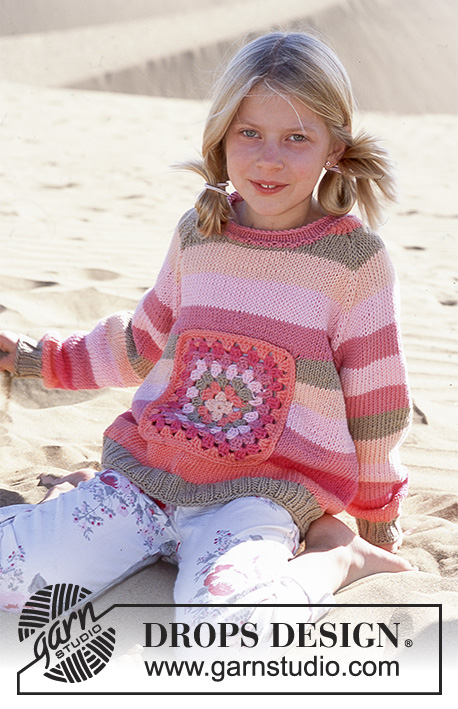 Emily Stripes / DROPS 89-5 - DROPS Children’s knitted jumper with crochet square and raglan in Paris