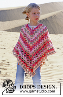 Little Sophie / DROPS 89-6 - Crochet DROPS poncho in Paris with flower mid front in Safran