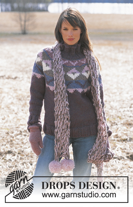 Purple Horizon / DROPS 91-1 - Sweter na drutach, z zaokrąglonym karczkiem, z włóczki Drops Snow, szalik i rękawiczki na drutach z włóczki Drops Snow
