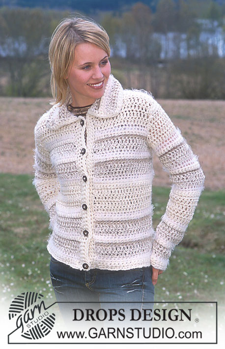 DROPS 91-16 - Rozpinany sweter na szydełku, z włóczek Drops Alaska, Snow, Symphony, Silke Tweed i Glitter