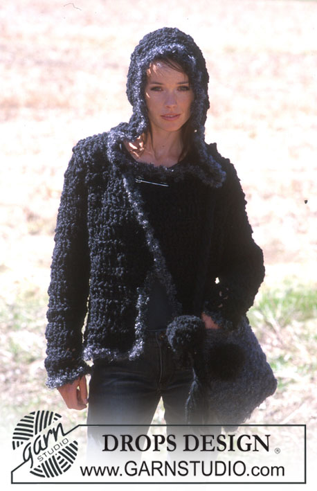 DROPS 92-20 - Rozpinany sweter na szydełku, z włóczki Drops Ull-Flamé, z brzegami/obszyciami z włóczki Drops Puddel i filcowa torba z włóczek Drops Puddel i Snow