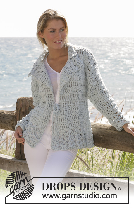 Britt / DROPS 99-19 - DROPS crochet jacket in ”Ice” with dc-group pattern and stay in waist size S - XXL