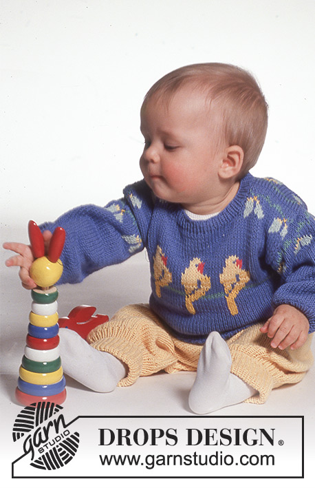 Tweet Tweet / DROPS Baby 1-10 - DROPS Sweater with canary motif and pants in Safran.