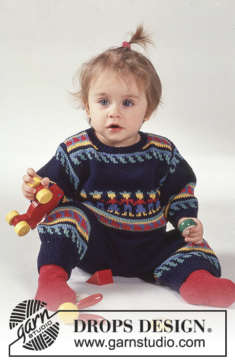 Farandole / DROPS Baby 1-11 - DROPS Sweater in Inca pattern, pants and socks in Safran.