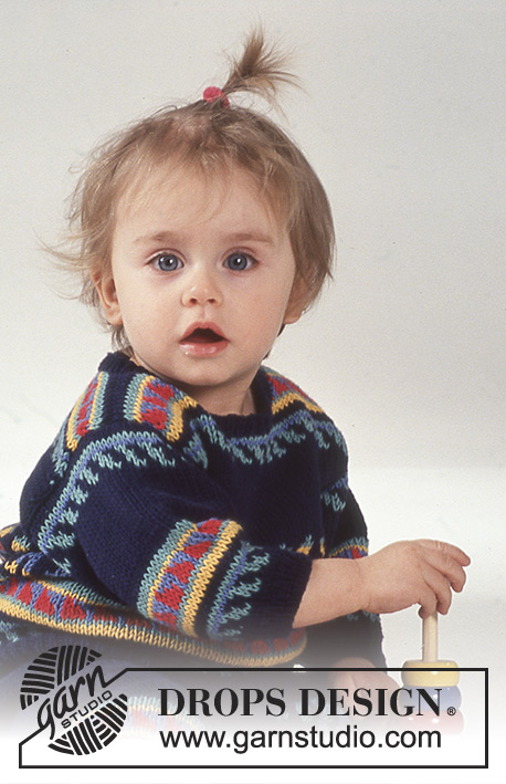 Farandole / DROPS Baby 1-11 - Strikket sett med genser og bukse til baby i DROPS Safran. Arbeidet strikkes med flerfarget mønster. Størrelse 3 mnd - 2 år.