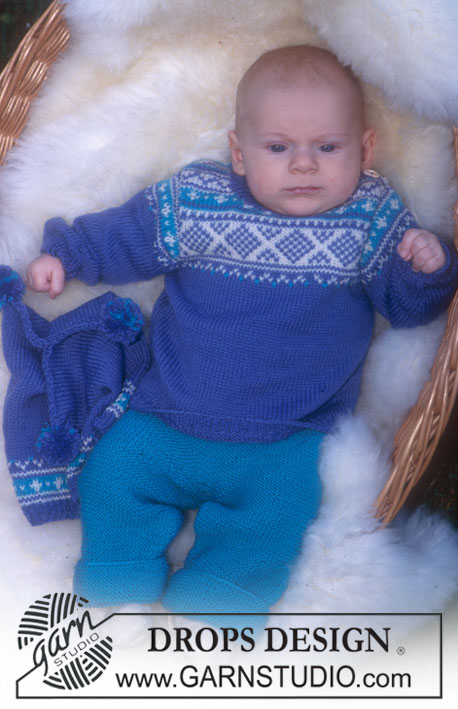 Jayden / DROPS Baby 10-12 - DROPS Baby 10-12
Kötött norvégmintás pulóver, nadrág, sapka és zokni kisbabáknak, DROPS Baby Merino fonalból.