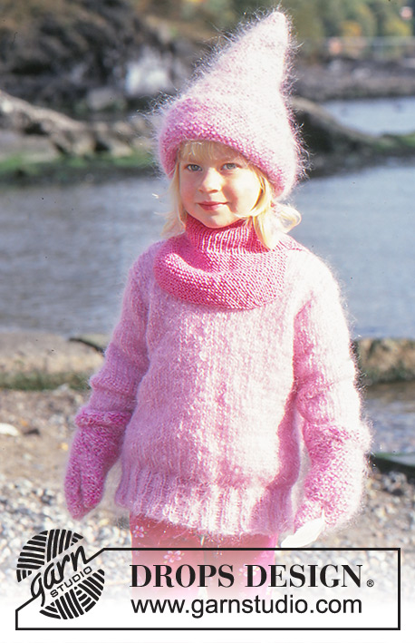 Pink Pixie / DROPS Baby 10-15 - Pull tricoté en DROPS Vienna ou Melody. Bonnet et moufles tricotés en DROPS Baby-Ull ou Melody et Alpaca.  Tour du cou tricoté en  Karisma Superwash
