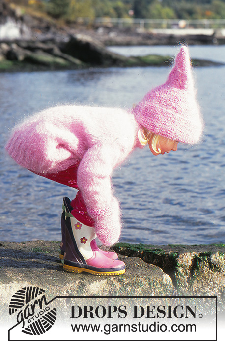 Pink Pixie / DROPS Baby 10-15 - Stickad tröja i DROPS Vienna eller DROPS Melody. Mössa och vantar i DROPS Vienna och Baby-ull eller DROPS Melody och DROPS Alpaca. Löskrage i 
DROPS Karisma. Storlek 2 - 8 år.