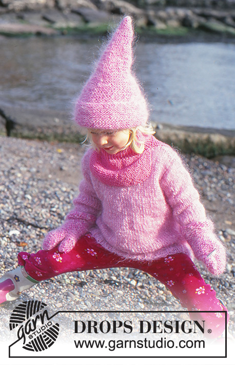 Pink Pixie / DROPS Baby 10-15 - Pull tricoté en DROPS Vienna ou Melody. Bonnet et moufles tricotés en DROPS Baby-Ull ou Melody et Alpaca.  Tour du cou tricoté en  Karisma Superwash