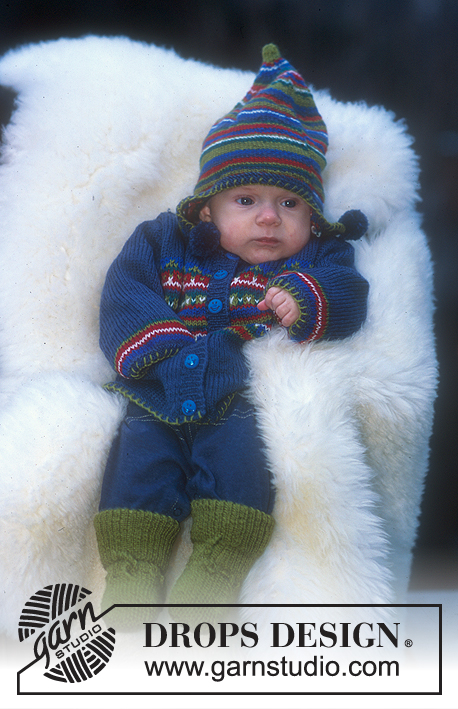 DROPS Baby 10-17 - Rozpinany sweter, czapka i skarpetki na drutach, z włóczki DROPS Alpaca.