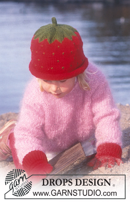 Berry Baby / DROPS Baby 10-23 - Gestrickte Mütze als Erdbeere oder Heidelbeere, Pullover und Fingerhandschuhe für Babys und Kinder in DROPS Karisma. Größe 1 Monat - 2 Jahre.