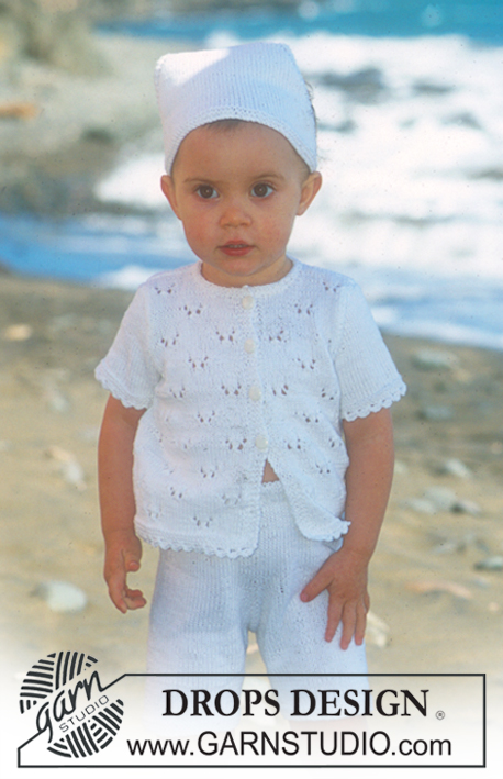 Verine / DROPS Baby 10-6 - Strikket sett med kortermet jakke, shorts og tørkle til baby og barn i DROPS Safran. Arbeidet strikkes med hullmønster. Størrelse 1 mnd - 4 år.
