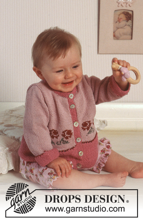 Rosy Cheeks / DROPS Baby 11-1 - Strikket jakke til baby i DROPS Safran og DROPS Cotton Viscose. Arbeidet strikkes med rosemønster. Størrelse 1 mnd - 2 år.