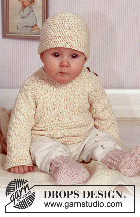 Sweet Molly / DROPS Baby 11-11 - DROPS Truitje met patroon en muts van “Safran”, sokken van “Angora-Tweed” en dekentje van “Karisma”.