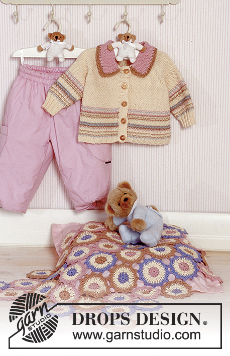 Sweet Cupcake / DROPS Baby 11-12 - Jacket in moss sts with raglan sleeves and crochet blanket in Safran. Theme: Baby blanket