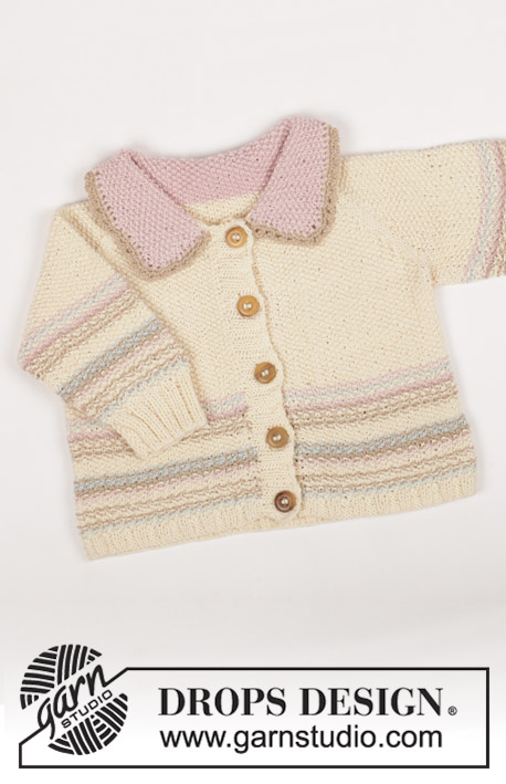 Sweet Cupcake / DROPS Baby 11-12 - DROPS Jacket in seed sts with raglan sleeves and crochet blanket in Safran. Theme: Baby blanket