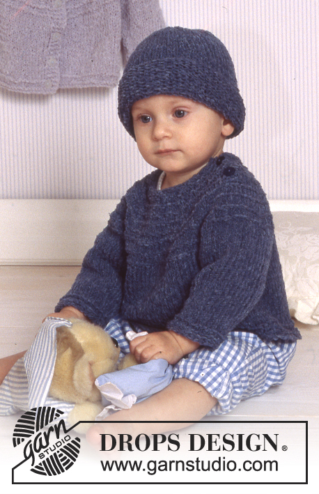 Brume de Mer / DROPS Baby 11-14 - Jacket or jumper with round yoke and hat in Passion or Air.
