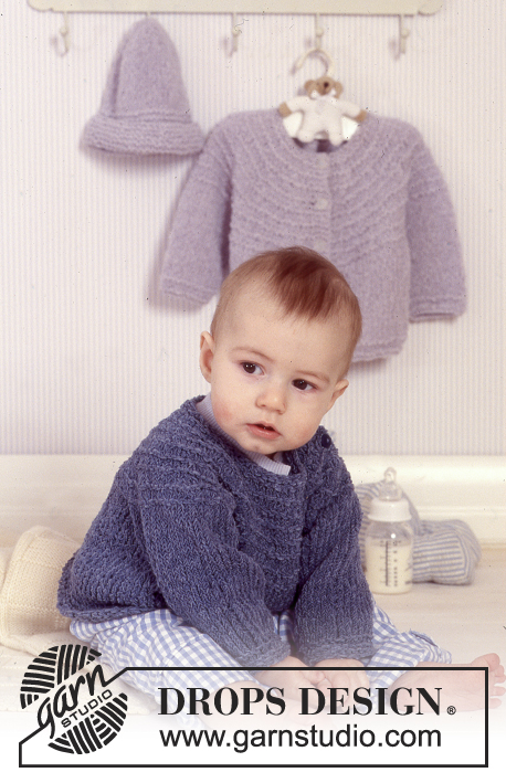 Brume de Mer / DROPS Baby 11-14 - Dziecięcy sweter przez głowę lub rozpinany na drutach z okrągłym karczkiem i czapka na drutach w komplecie, z włóczki DROPS Passion lub DROPS Air
