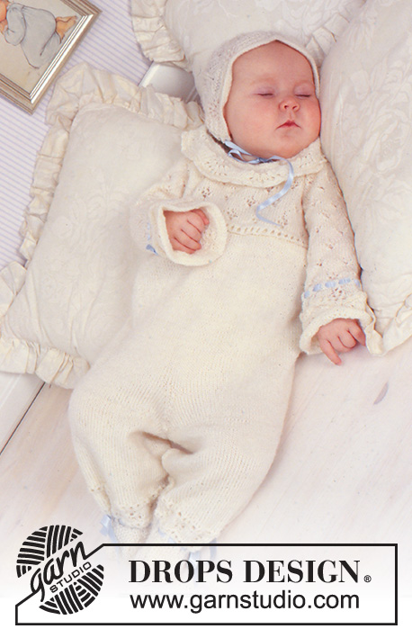Angel Kissed / DROPS Baby 11-15 - Komplekt: DROPS BabyAlpaka Silk või BabyMerino või DROPS Safran lõngast kootud pitsmustriga ristimise kleit, müts ja püksid 1 kuni 9 kuusele beebile