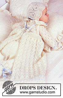 Angel Kissed / DROPS Baby 11-15 - Conjunto Drops de cerimónia: Vestido de baptismo, touca e babygrow