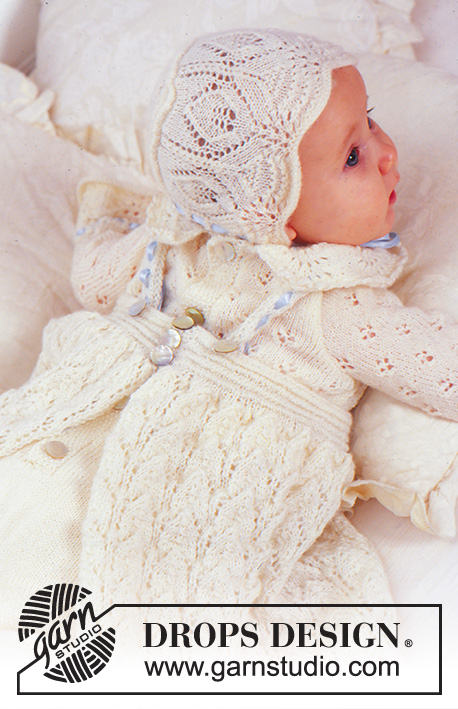 Angel Kissed / DROPS Baby 11-15 - The set comprises: Christening gown, bonnet and jump suit.