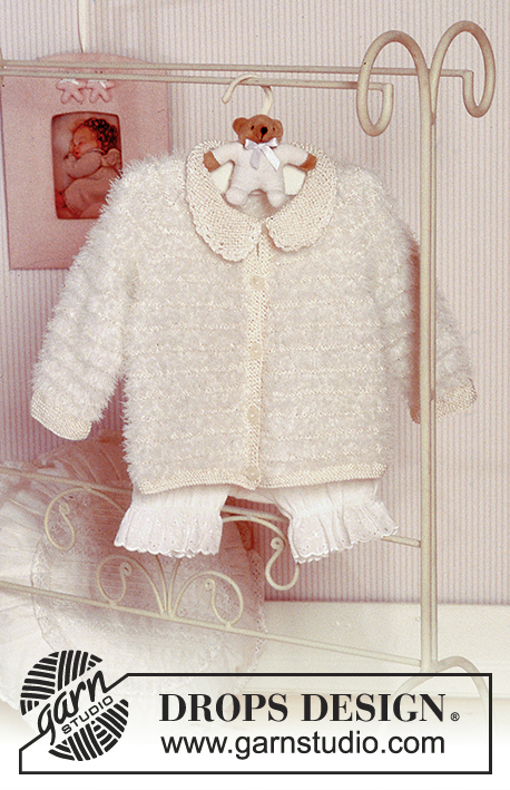 Baby Pearl / DROPS Baby 11-16 - Rozpinany sweter na drutach, z włóczek DROPS Pelliza i Coton Viscose, z reglanowymi rękawami
