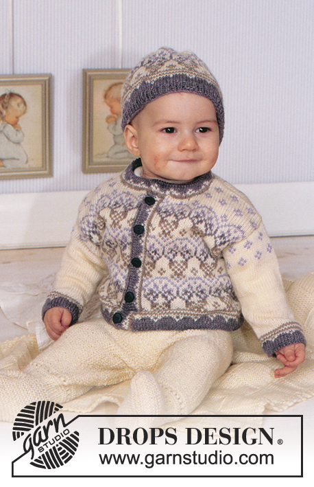 Edison / DROPS Baby 11-6 - Rozpinany sweter na drutach w stylu norweskim i czapka do kompletu, z włóczki DROPS BabyMerino, kocyk na drutach z włóczki DROPS Karisma Superwash