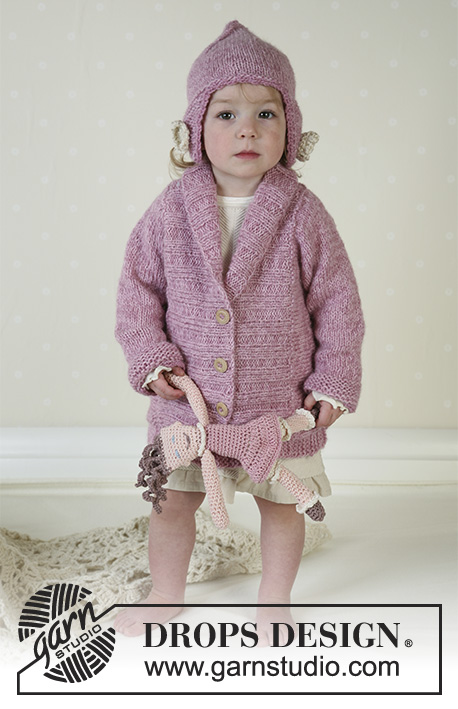 Flora / DROPS Baby 13-16 - Dziecięcy rozpinany sweter i czapka na drutach, z włóczki DROPS Alpaca