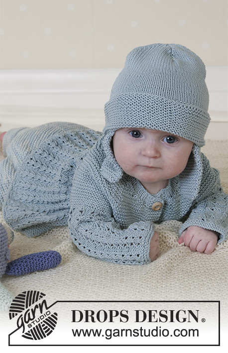 Seaport Baby / DROPS Baby 13-2 - Dziecięcy rozpinany sweter, spodnie i czapka Drops z włóczki DROPS Safran