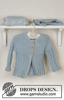 Seaport Baby / DROPS Baby 13-2 - Dziecięcy rozpinany sweter, spodnie i czapka Drops z włóczki DROPS Safran