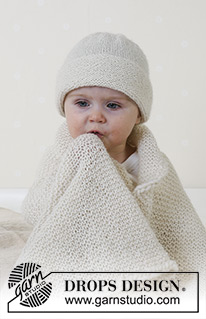 Petit Crème / DROPS Baby 14-12 - Vauvan ja lapsen neulotut peitto ja myssy DROPS Alpaca-langasta. Työssä on ainaoikeinneuletta. Koot 1 kuukausi - 4 vuotta. Teema: Vauvanpeitto
