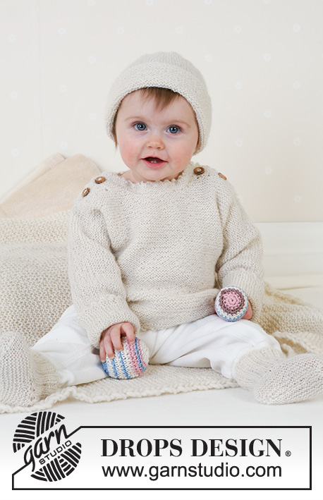 Sweet Ella / DROPS Baby 14-13 - Dziecięcy sweter na drutach z guzikami i skarpetki, z włóczki DROPS Alpaca. Rozmiary od 1 miesiąca do 4 lat.