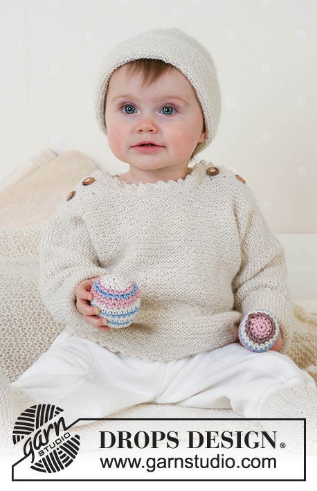 Sweet Ella / DROPS Baby 14-13 - Dziecięcy sweter na drutach z guzikami i skarpetki, z włóczki DROPS Alpaca. Rozmiary od 1 miesiąca do 4 lat.