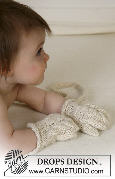 DROPS Baby 14-15 - Rękawiczki dziecięce z warkoczami na drutach, z włóczki DROPS Alpaca. Rozmiary od 1 miesiąca do 4 lat.