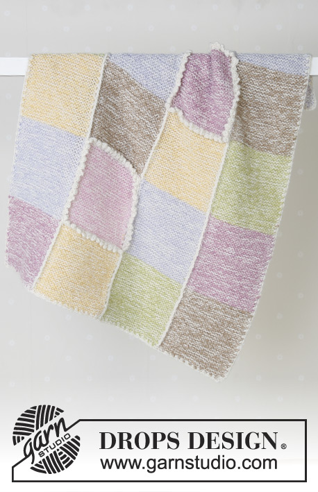 Pastel Checkers / DROPS Baby 14-19 - Knitted blanket with colourful squares in garter st, in 2 threads DROPS Alpaca. Theme: Baby blanket