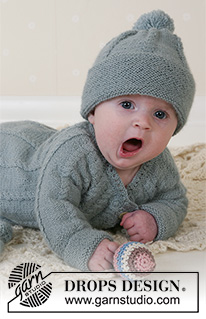 Lille Trille / DROPS Baby 14-2 - Knitted jacket with round yoke and cables, hat with pompon, mittens and socks in DROPS Alpaca for baby and children. Size 1 to 3 years.