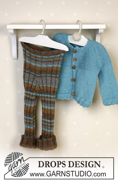 DROPS Baby 14-29 - Set of knitted jacket with raglan, striped pants with rib and and slippers in DROPS Alpaca. Sizes baby and children from 1 month to 4 years.